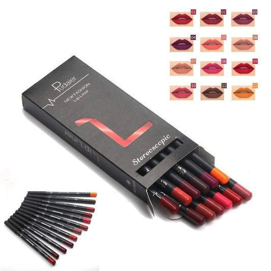 SET DE 12 LÁPICES DELINEADORES DE LABIOS DE LARGA DURACIÓN